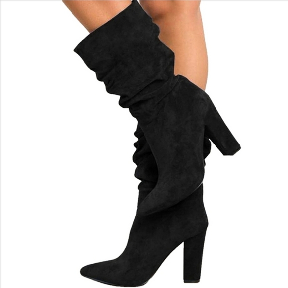 Syktkmx Women’s Black Faux Suede Slouchy Mid Calf Suede Chunky High Heel Boots - Picture 1 of 10